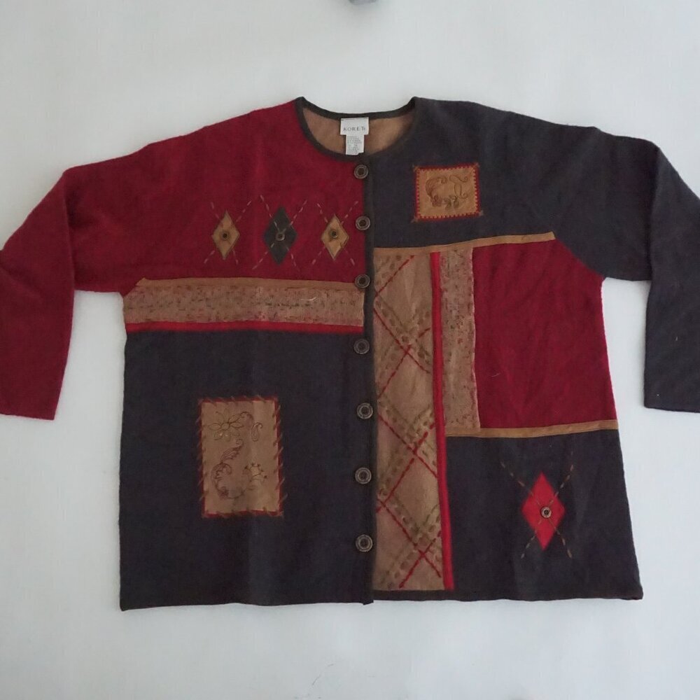 Vintage Koret Red Black Patchwork Geometric Southwestern Aztec Cardigan 1X